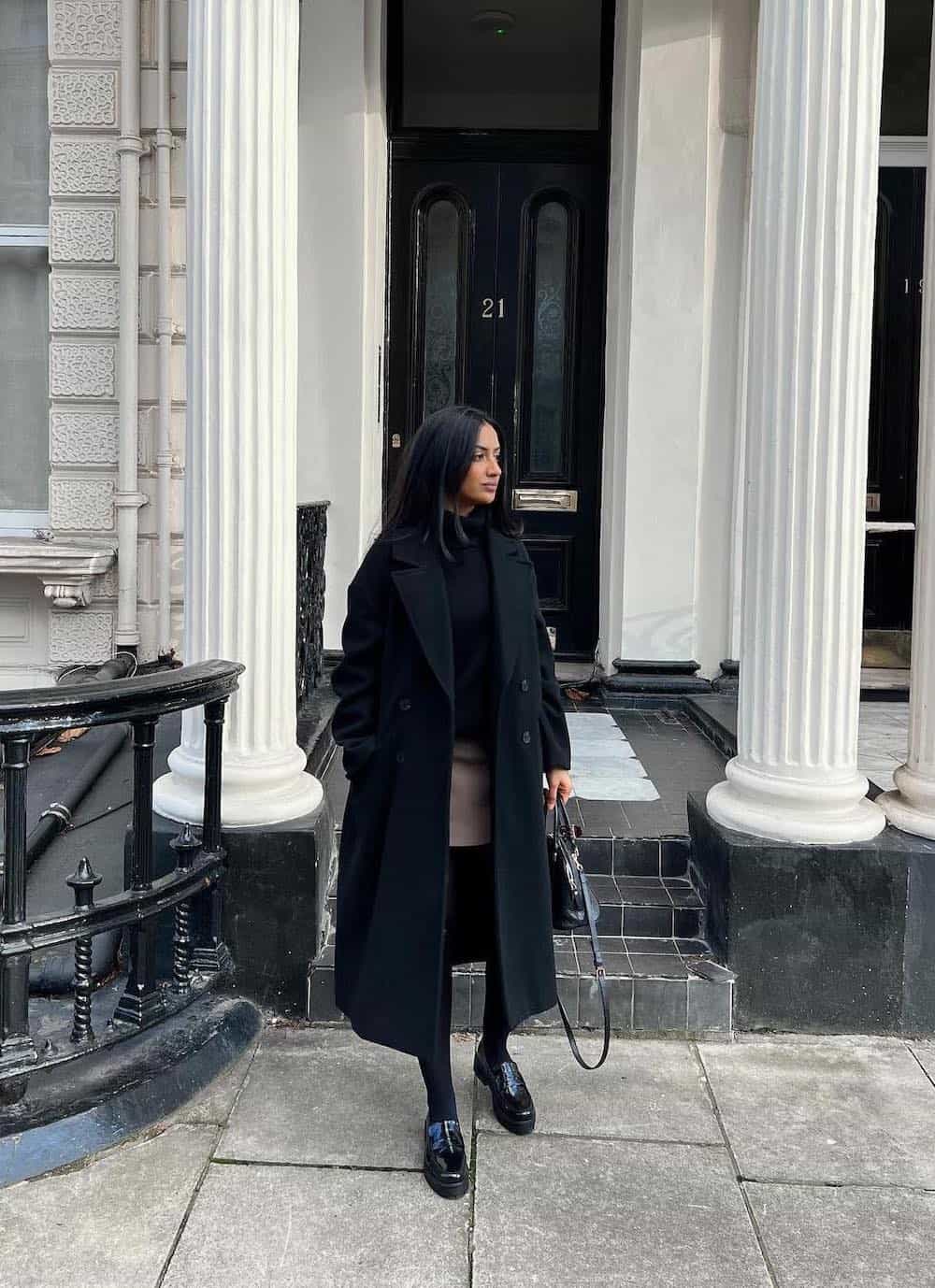 Patent Loafers With Gray Skirt And Black Coat Patent Loafers With Gray Skirt And Black Coat — Trendy Black Loafers Outfit