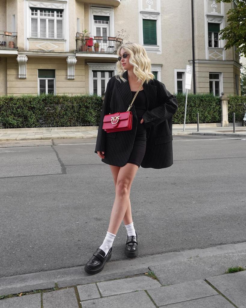Chunky Loafers With Mini Dress And Pinstripe Blazer Chunky Loafers With Mini Dress And Pinstripe Blazer — Trendy Black Loafers Outfit