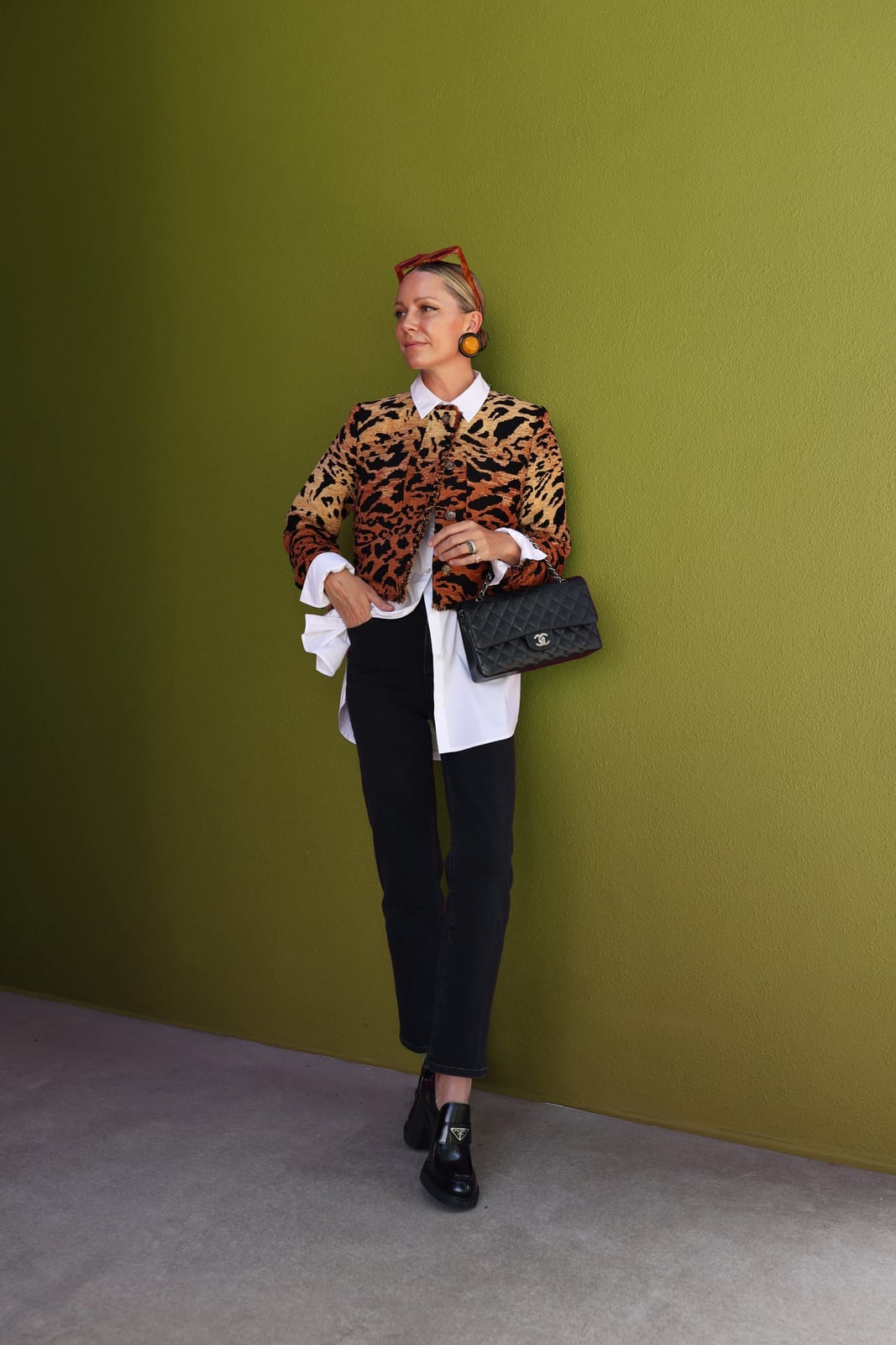 Black Loafers With Animal Print Jacket And Collared Shirt Black Loafers With Animal Print Jacket And Collared Shirt — Trendy Black Loafers Outfit