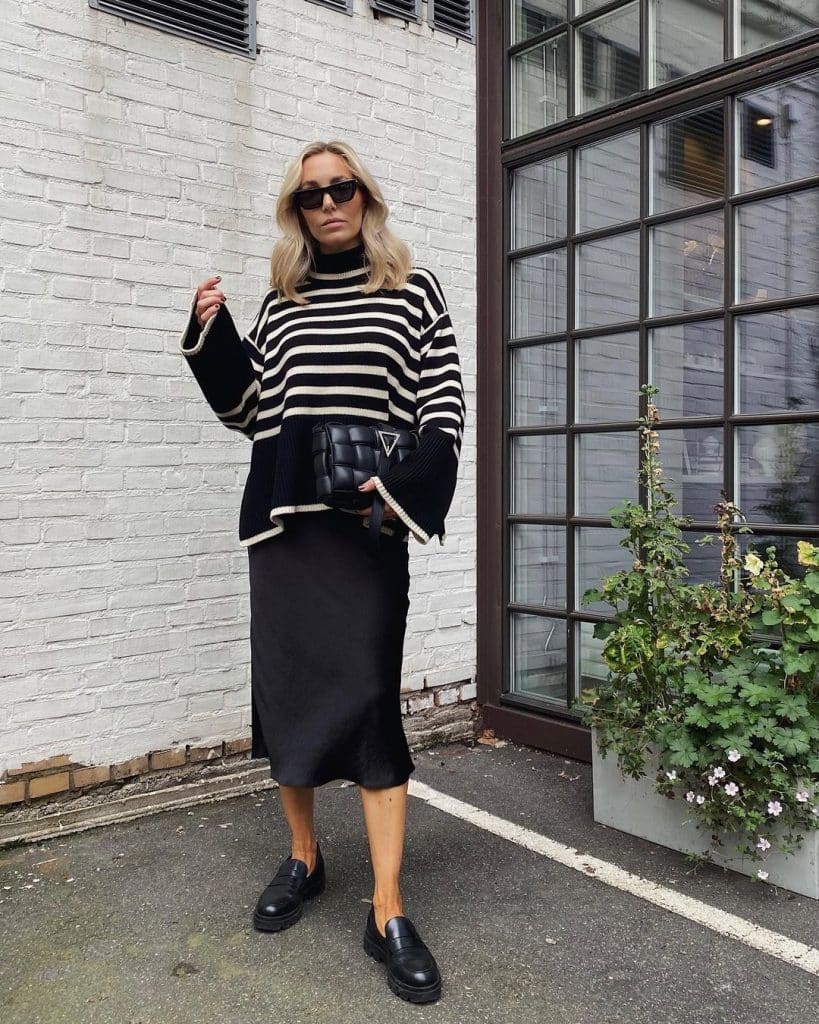 Chunky Loafers With Striped Sweater And Slip Dress Chunky Loafers With Striped Sweater And Slip Dress — Trendy Black Loafers Outfit