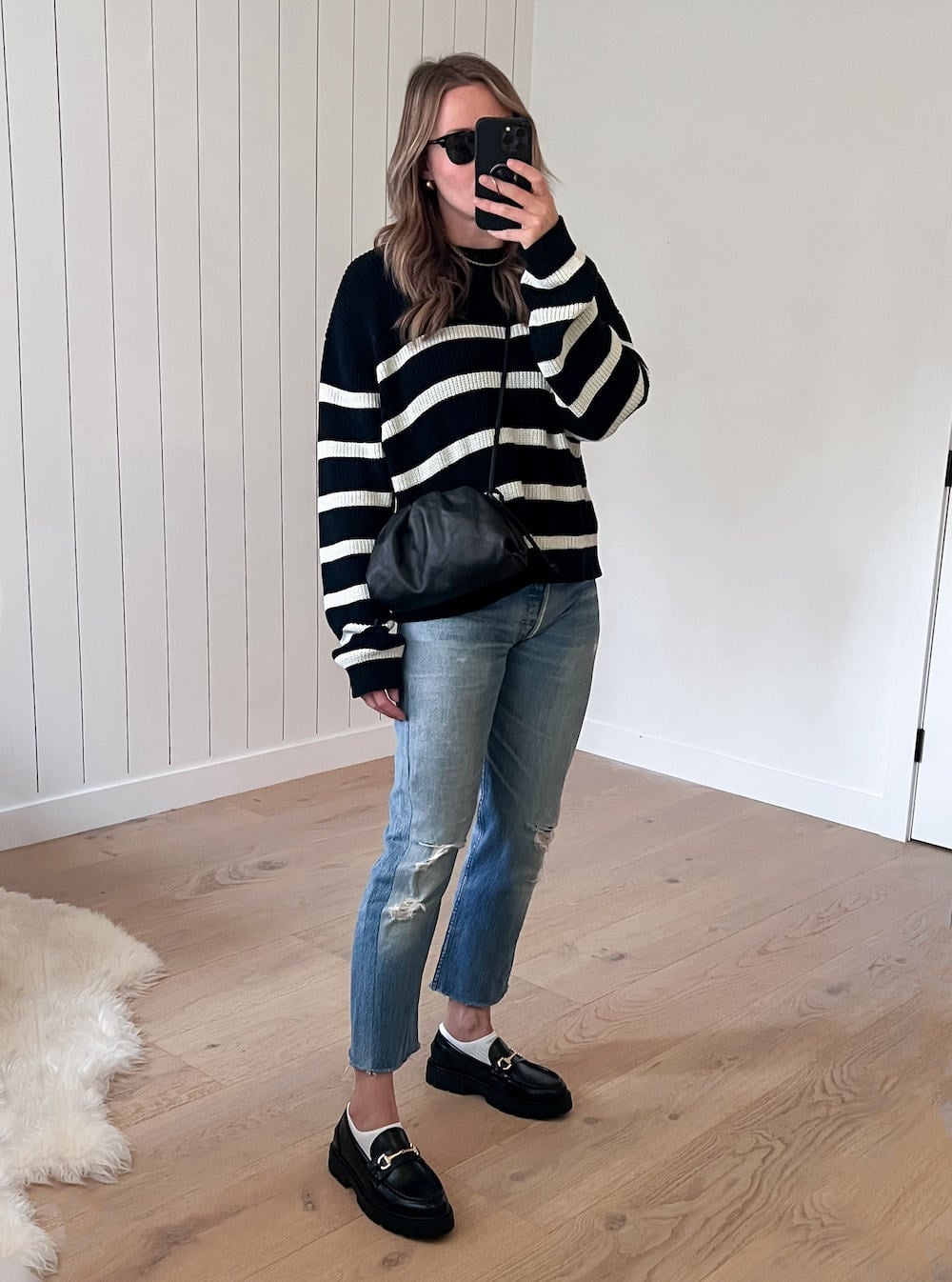 Chunky Loafers With Striped Sweater And Wide Leg Jeans Chunky Loafers With Striped Sweater And Wide Leg Jeans — Trendy Black Loafers Outfit