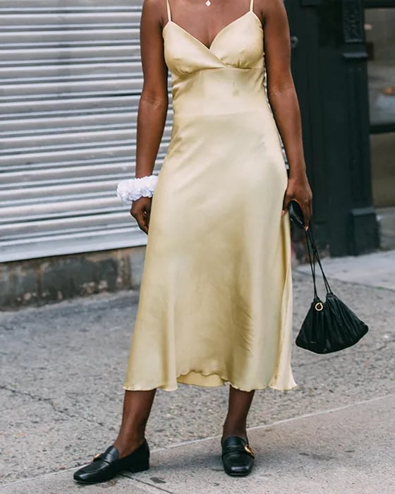 Patent Loafers With Yellow Satin Dress Patent Loafers With Yellow Satin Dress — Trendy Black Loafers Outfit