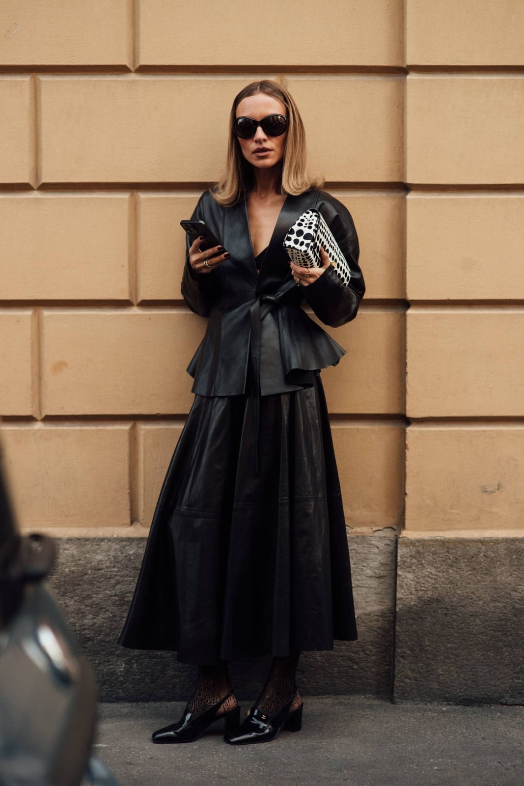 Patent Leather Block Heels With Peplum Blazer And Midi Skirt Patent Leather Block Heels With Peplum Blazer And Midi Skirt — Trendy Black Loafers Outfit
