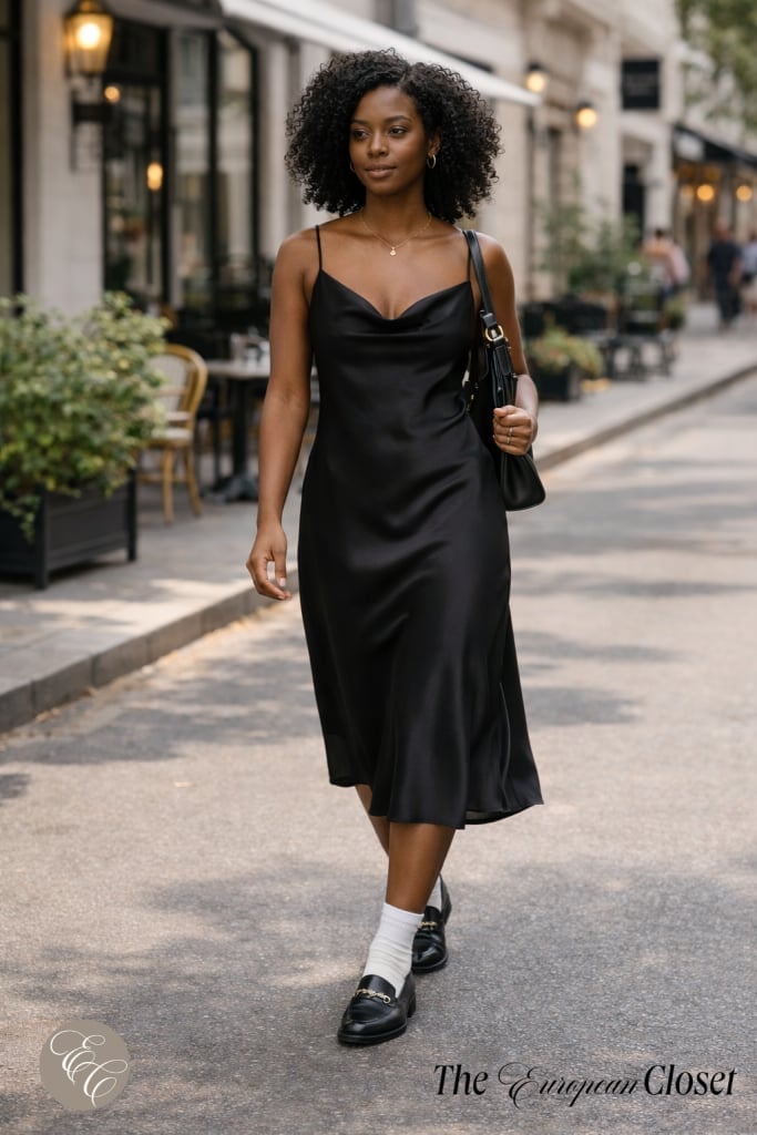 Black Loafers With White Socks And Satin Slip Dress Black Loafers With White Socks And Satin Slip Dress — Trendy Black Loafers Outfit