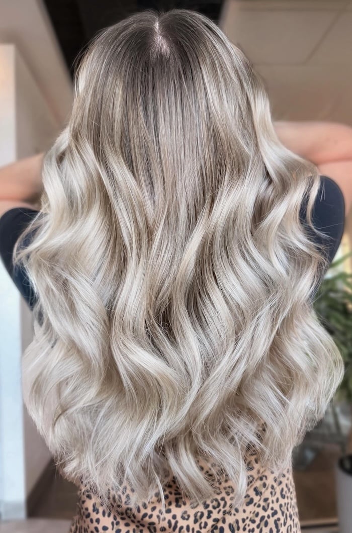 Mid-Back Soft Ash Blonde Balayage Waves Mid-Back Soft Ash Blonde Balayage Waves — Trendy Blonde Balayage