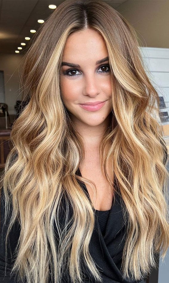 Brown Blonde Balayage Mid-Back Layers With Waves — Trendy Blonde Hairstyles