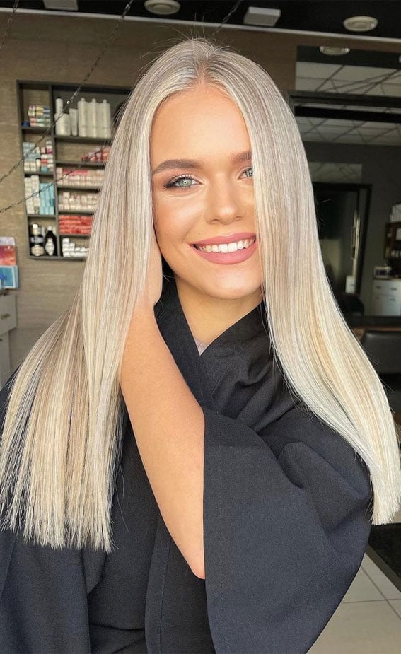 Platinum Blonde Mid-Back Sleek Straight Cut — Trendy Blonde Hairstyles