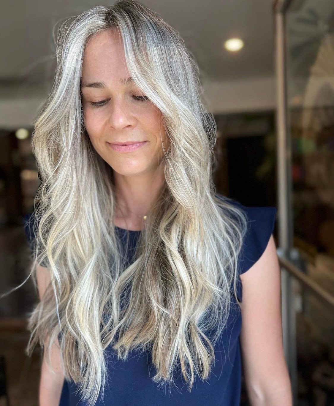 Cool Ash Blonde Mid-Back Waves With Root Shadow, Wavy — Trendy Blonde Hairstyles