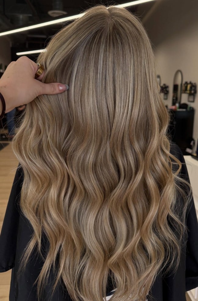 Mid-Back Taupe Blonde Balayage Lived-In Waves Mid-Back Taupe Blonde Balayage Lived-In Waves — Trendy Blonde Wavy Hair