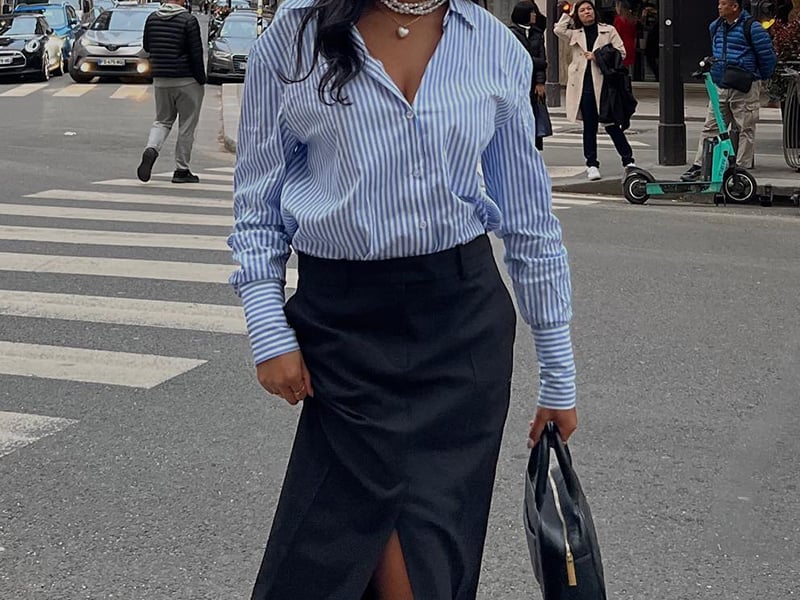 Oversized Striped Shirt Tucked into Black Midi Skirt Oversized Striped Shirt Tucked into Black Midi Skirt — Trendy Blue and White Outfits