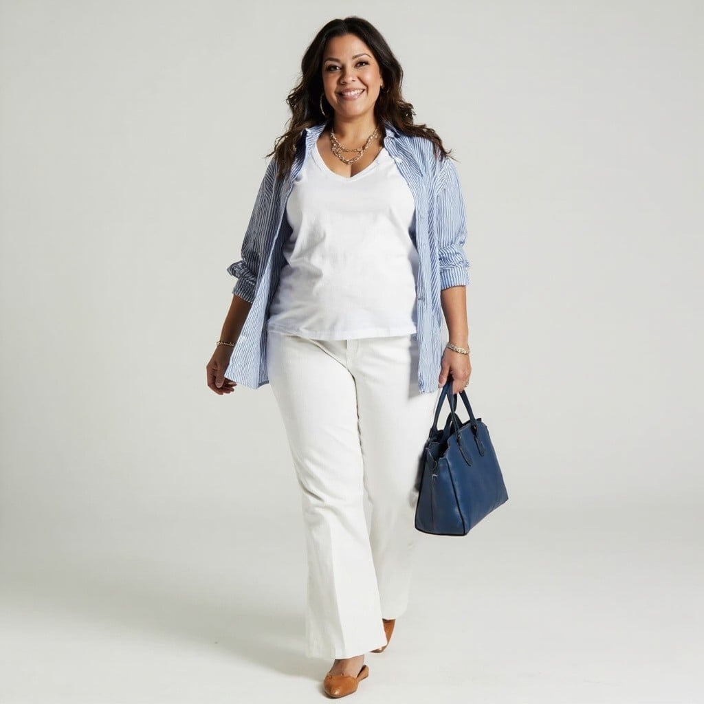 Blue Striped Shirt with White Trousers and T-Shirt Blue Striped Shirt with White Trousers and T-Shirt — Trendy Blue and White Outfits