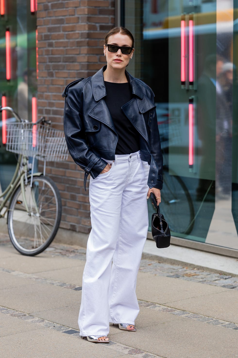 Navy Leather Jacket with White Wide-Leg Jeans Navy Leather Jacket with White Wide-Leg Jeans — Trendy Blue and White Outfits