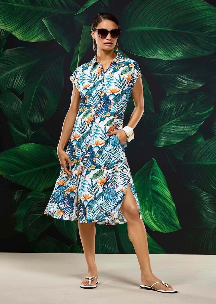 White Shirt Dress with Exotic Blue Print White Shirt Dress with Exotic Blue Print — Trendy Blue and White Outfits