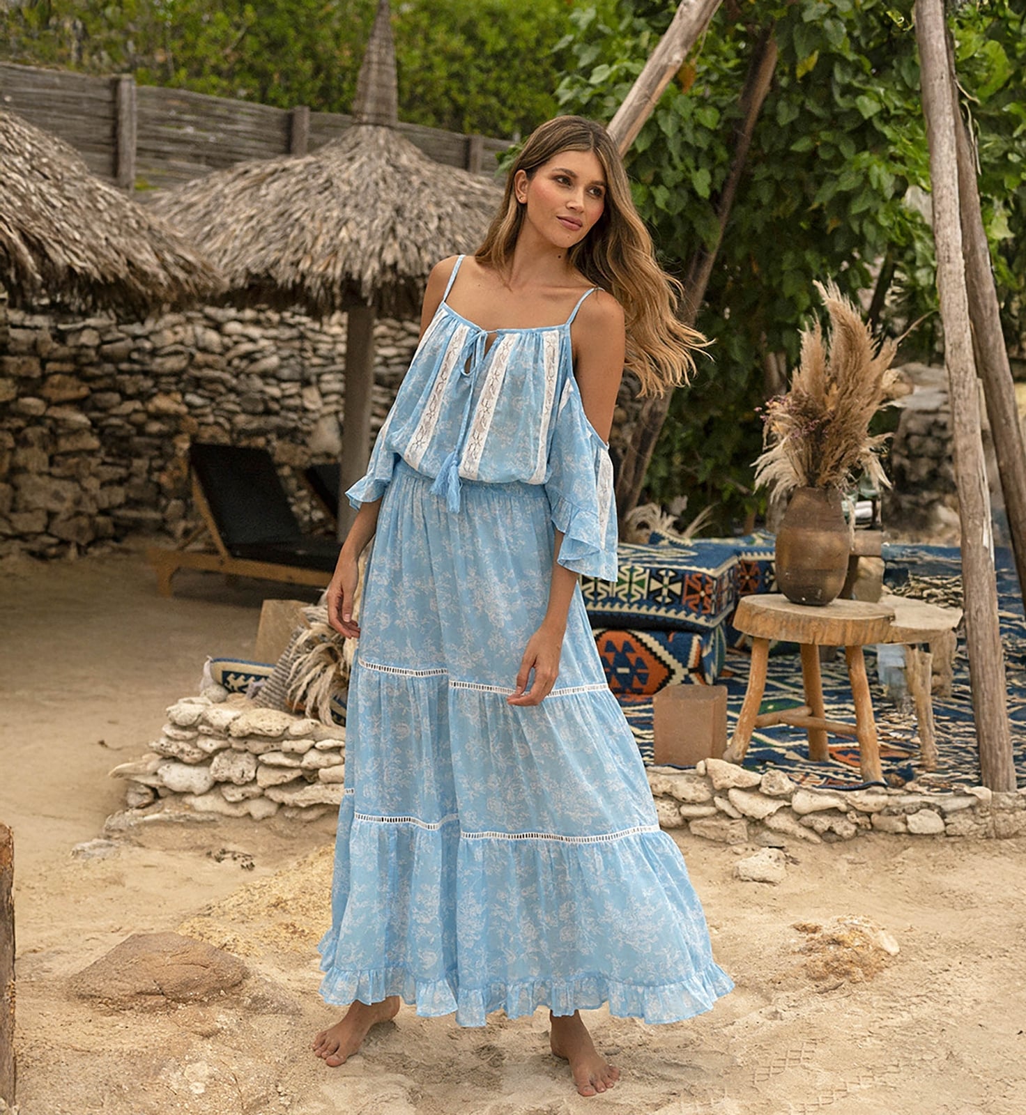 Light Blue Off-Shoulder Tiered Maxi Dress Light Blue Off-Shoulder Tiered Maxi Dress — Trendy Blue and White Outfits