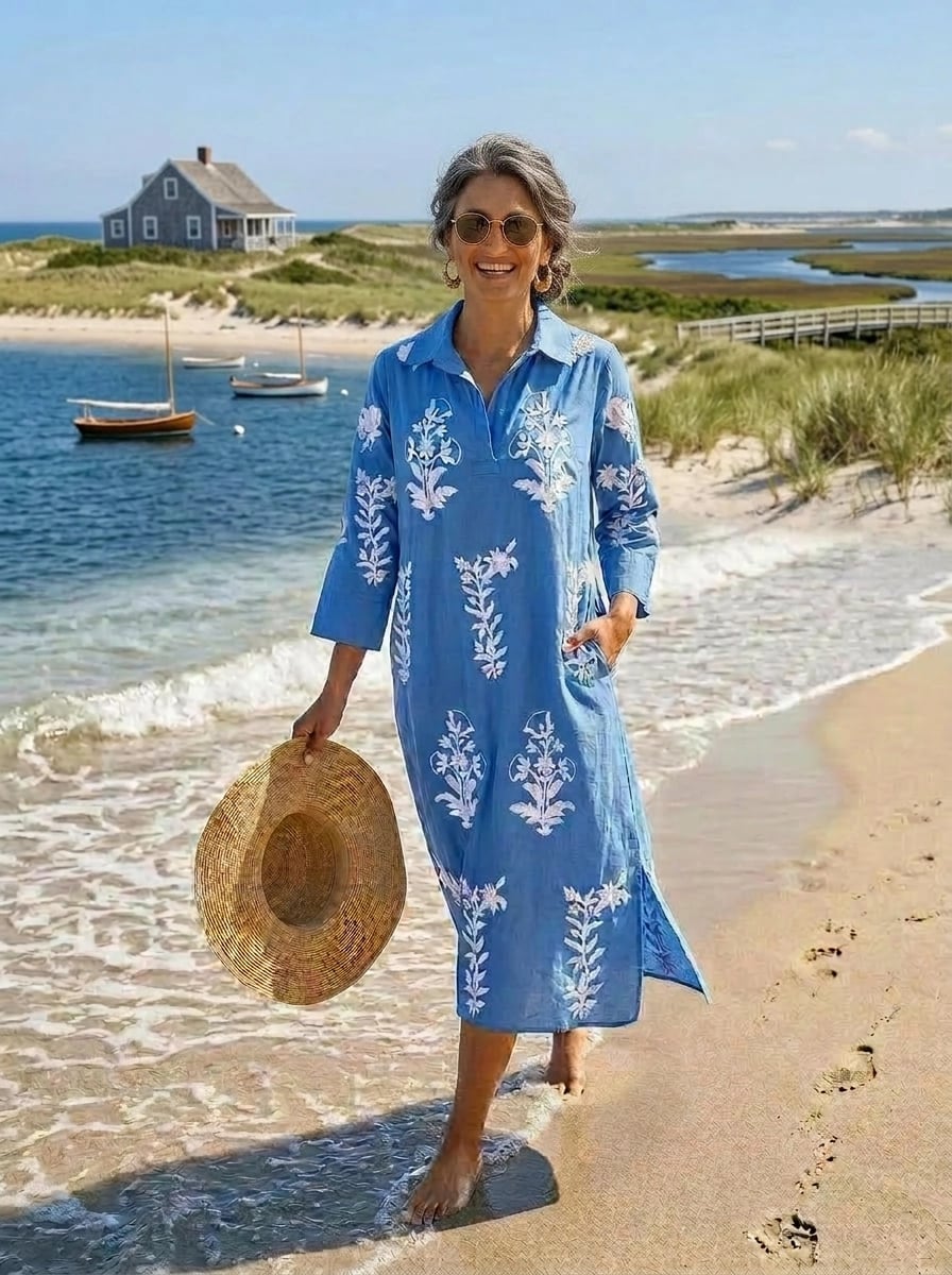 Blue Cotton Dress with White Floral Embroidery Blue Cotton Dress with White Floral Embroidery — Trendy Blue and White Outfits