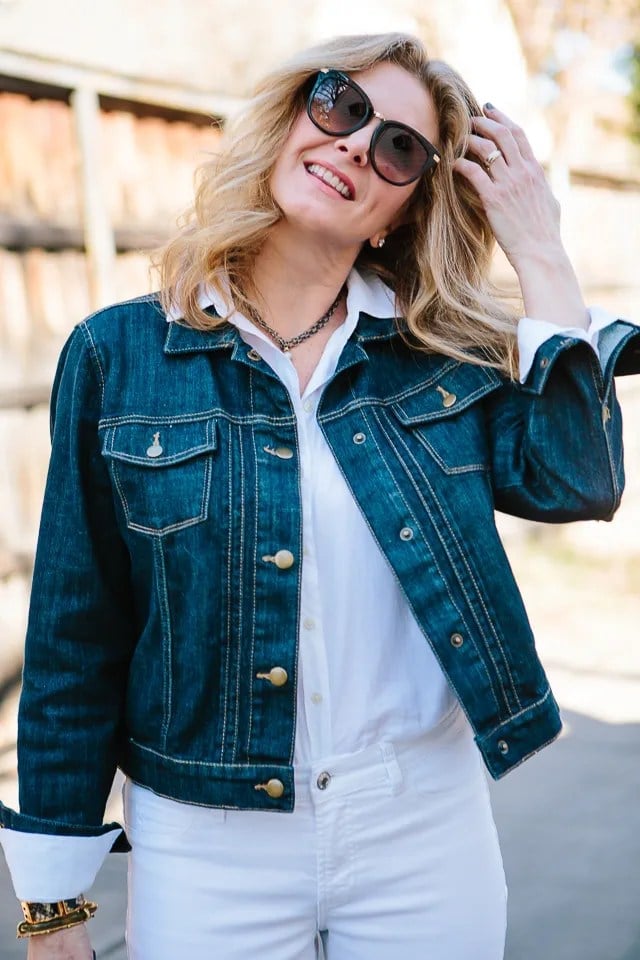 Blue Denim Jacket Over White Shirt with White Jeans Blue Denim Jacket Over White Shirt with White Jeans — Trendy Blue and White Outfits