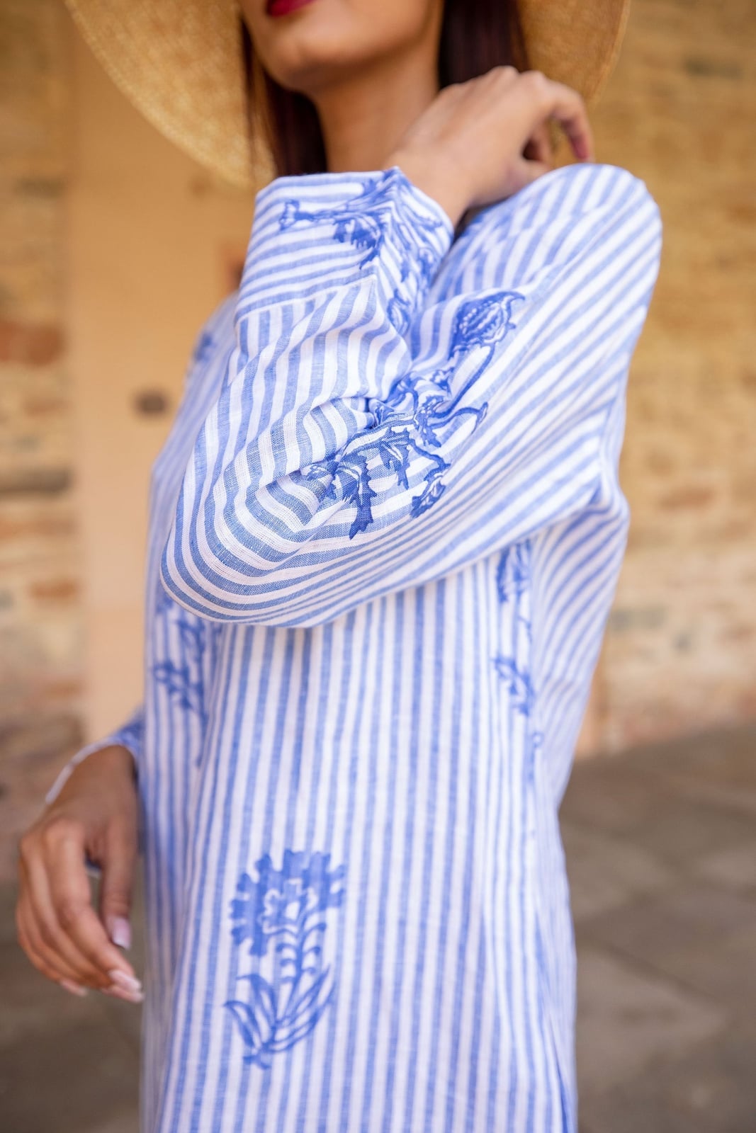 Striped Linen Tunic with Blue Floral Embroidery Striped Linen Tunic with Blue Floral Embroidery — Trendy Blue and White Outfits