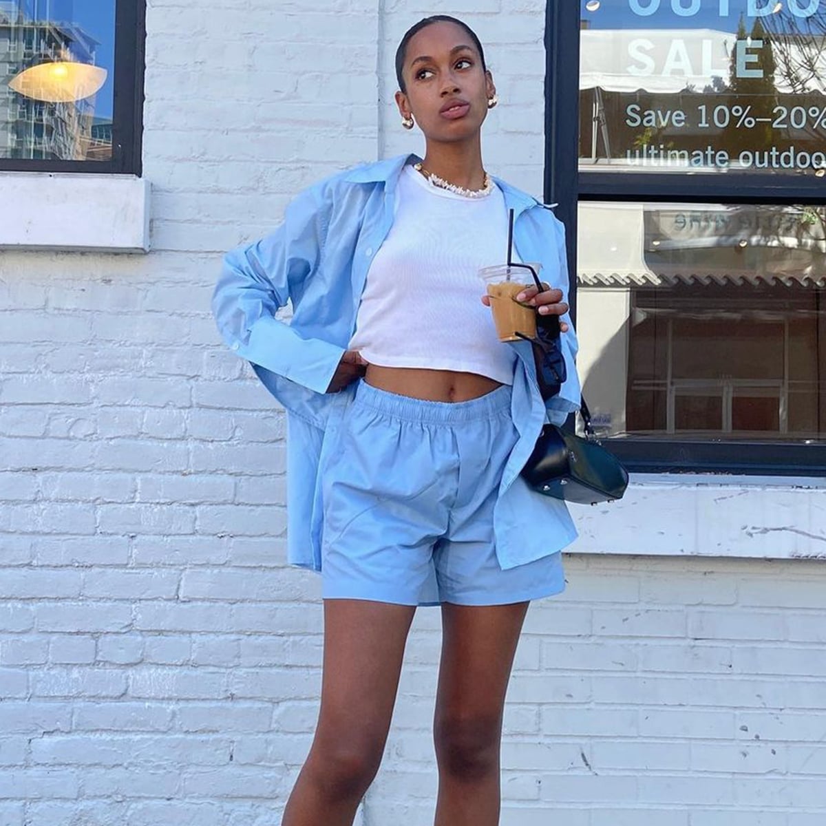 Light Blue Linen-Like Shirt with White Tank and Shorts Light Blue Linen-Like Shirt with White Tank and Shorts — Trendy Blue and White Outfits