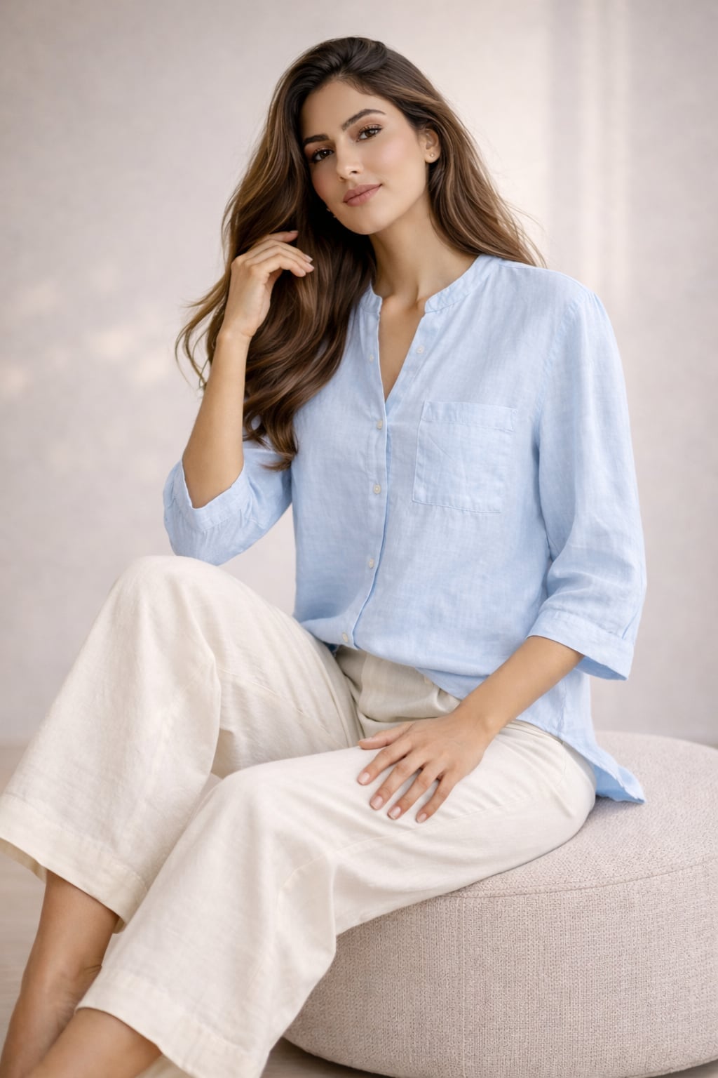 Light Blue Linen Shirt with Cream Wide-Leg Pants Light Blue Linen Shirt with Cream Wide-Leg Pants — Trendy Blue and White Outfits