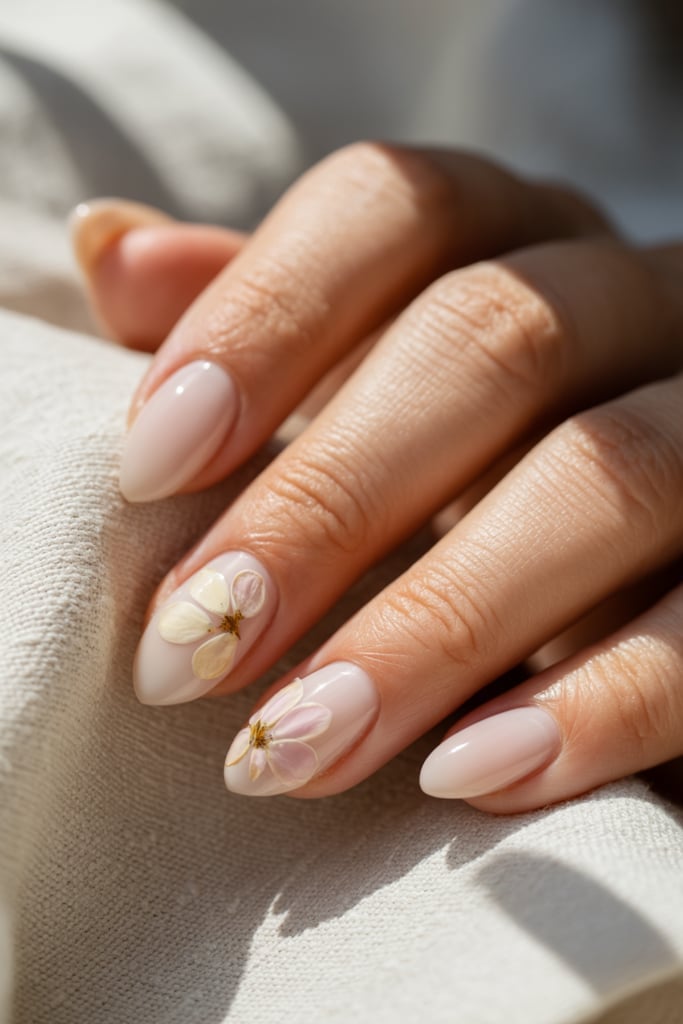 Medium Almond Nude With Dried Flowers Medium Almond Nude With Dried Flowers — Trendy Boho Nails