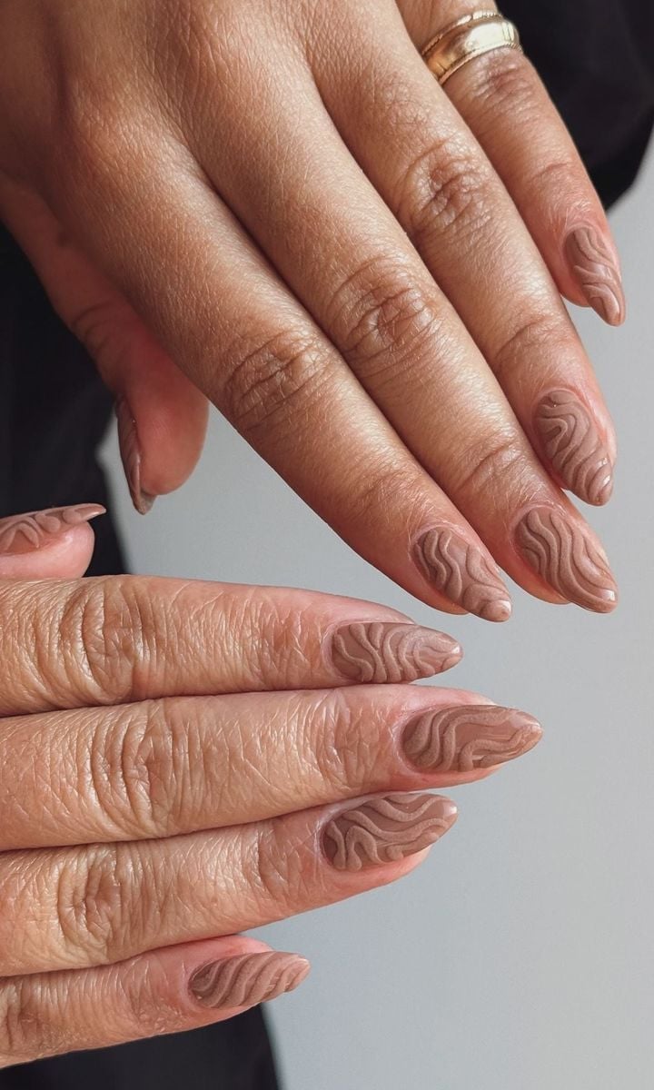 Medium Almond Embossed Wavy Line Nails Medium Almond Embossed Wavy Line Nails — Trendy Boho Nails
