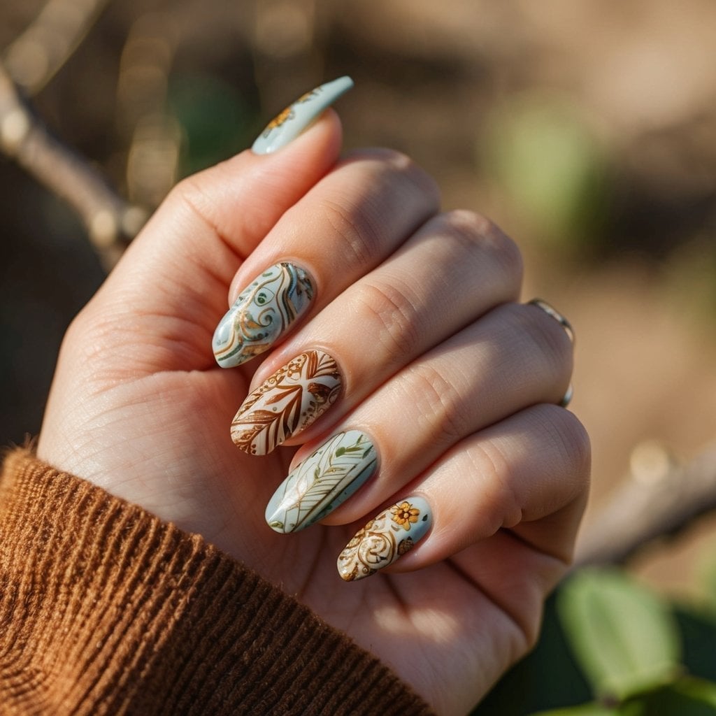 Medium Almond Paisley Swirl Pattern Nails Medium Almond Paisley Swirl Pattern Nails — Trendy Boho Nails
