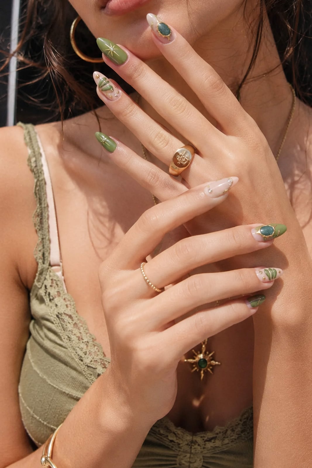 Medium Almond Olive Green With Gold Foil Medium Almond Olive Green With Gold Foil — Trendy Boho Nails