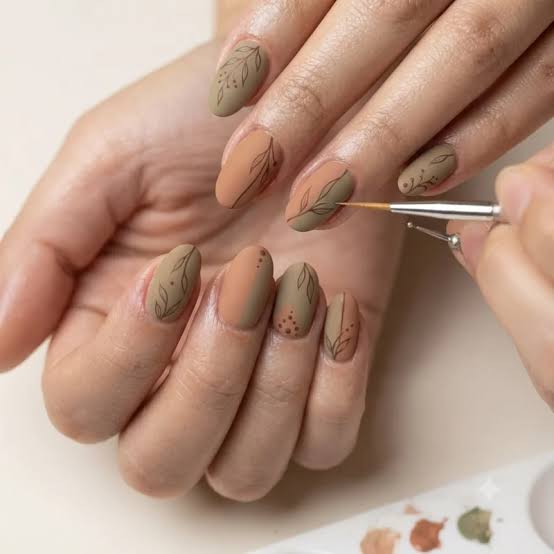 Medium Almond Matte Tan And Olive Green Line Art Medium Almond Matte Tan And Olive Green Line Art — Trendy Boho Nails