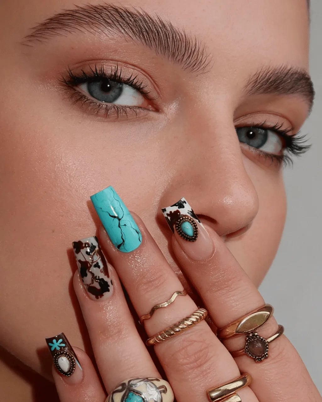 Long Square Cow Print And Turquoise Nails Long Square Cow Print And Turquoise Nails — Trendy Boho Nails