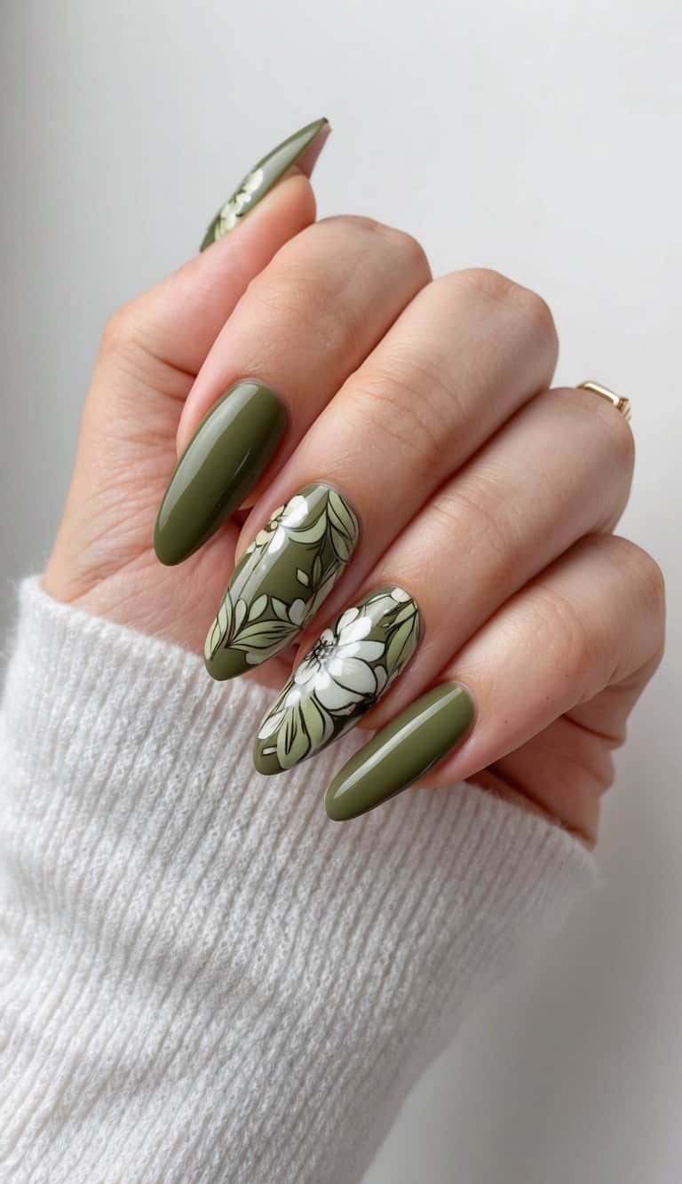 Long Oval Olive Green With Floral Motifs Long Oval Olive Green With Floral Motifs — Trendy Boho Nails