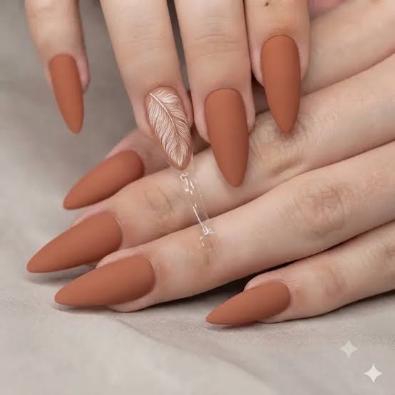 Medium Almond Matte Terracotta With Feather Medium Almond Matte Terracotta With Feather — Trendy Boho Nails