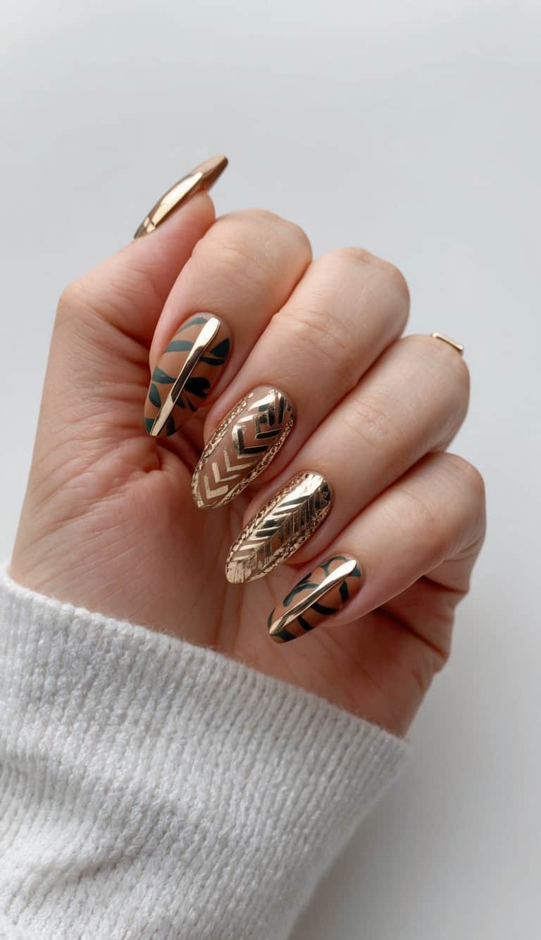 Long Coffin Chrome And Tribal Pattern Nails Long Coffin Chrome And Tribal Pattern Nails — Trendy Boho Nails