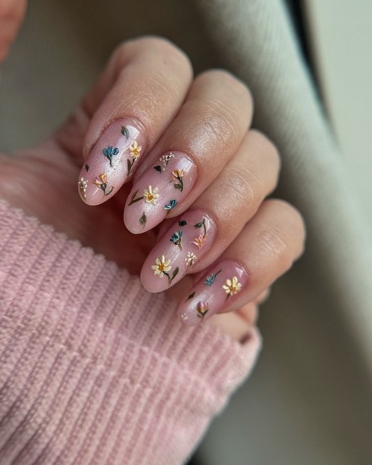 Medium Oval Sheer Pink With 3D Florals Medium Oval Sheer Pink With 3D Florals — Trendy Boho Nails