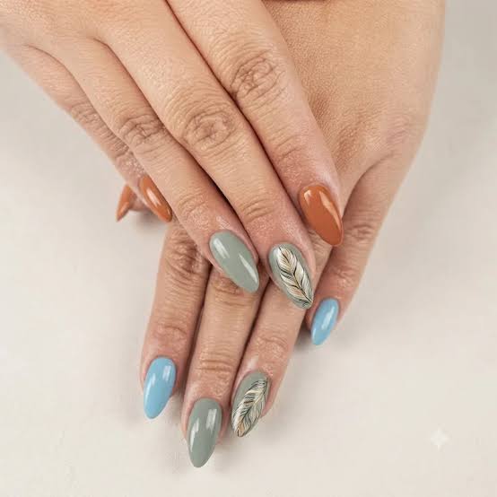 Medium Almond Matte Terracotta With Glossy Feather, Sage Green Medium Almond Matte Terracotta With Glossy Feather, Sage Green — Trendy Boho Nails
