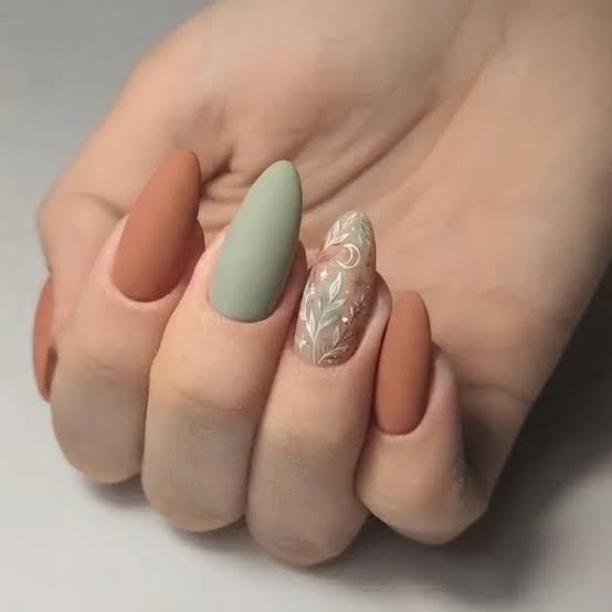 Medium Almond Matte Terracotta With Moon Art Medium Almond Matte Terracotta With Moon Art — Trendy Boho Nails