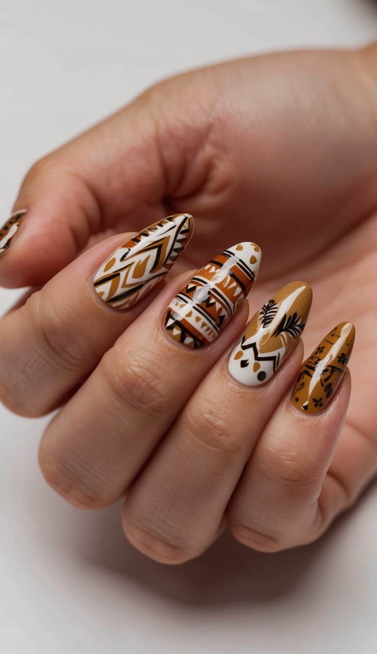 Medium Almond Geometric Boho Pattern Nails Medium Almond Geometric Boho Pattern Nails — Trendy Boho Nails