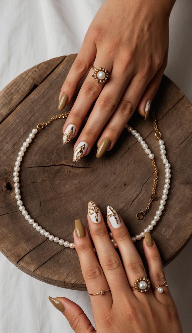 Medium Stiletto Olive Green With Gold Leaf Medium Stiletto Olive Green With Gold Leaf — Trendy Boho Nails