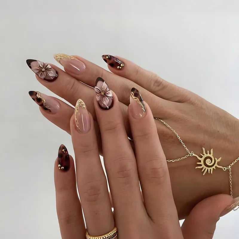 Medium Almond Nude With 3D Floral And Leopard Medium Almond Nude With 3D Floral And Leopard — Trendy Boho Nails