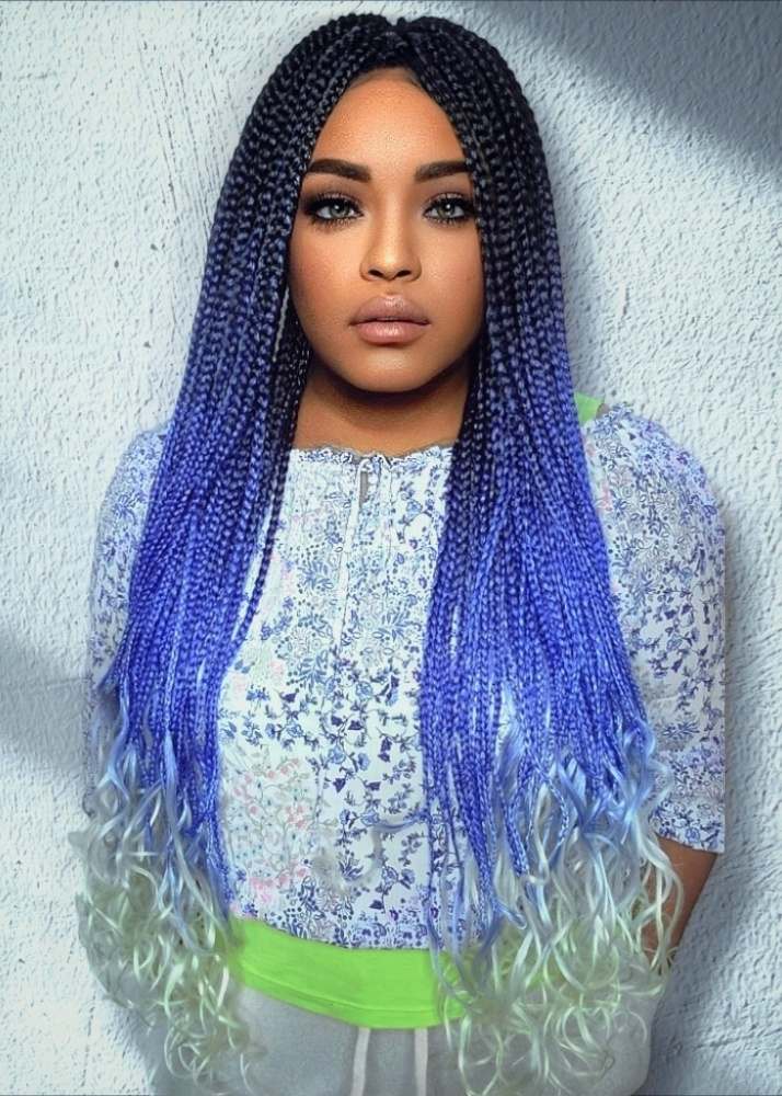 Ombre Blue Box Braids With Curly Ends — Trendy Braids Wig