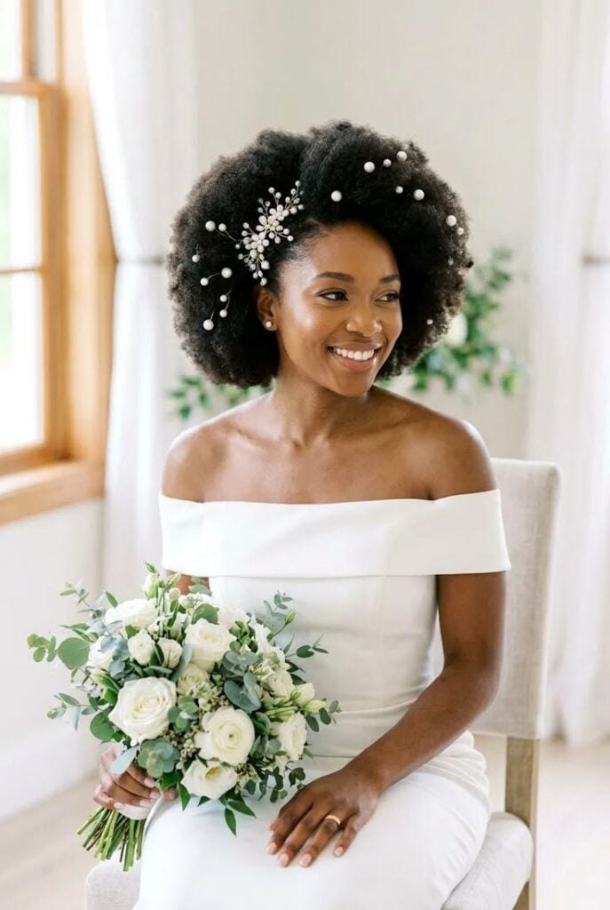 Voluminous Afro With Scattered Pearls — Trendy Bridal Hairstyles
