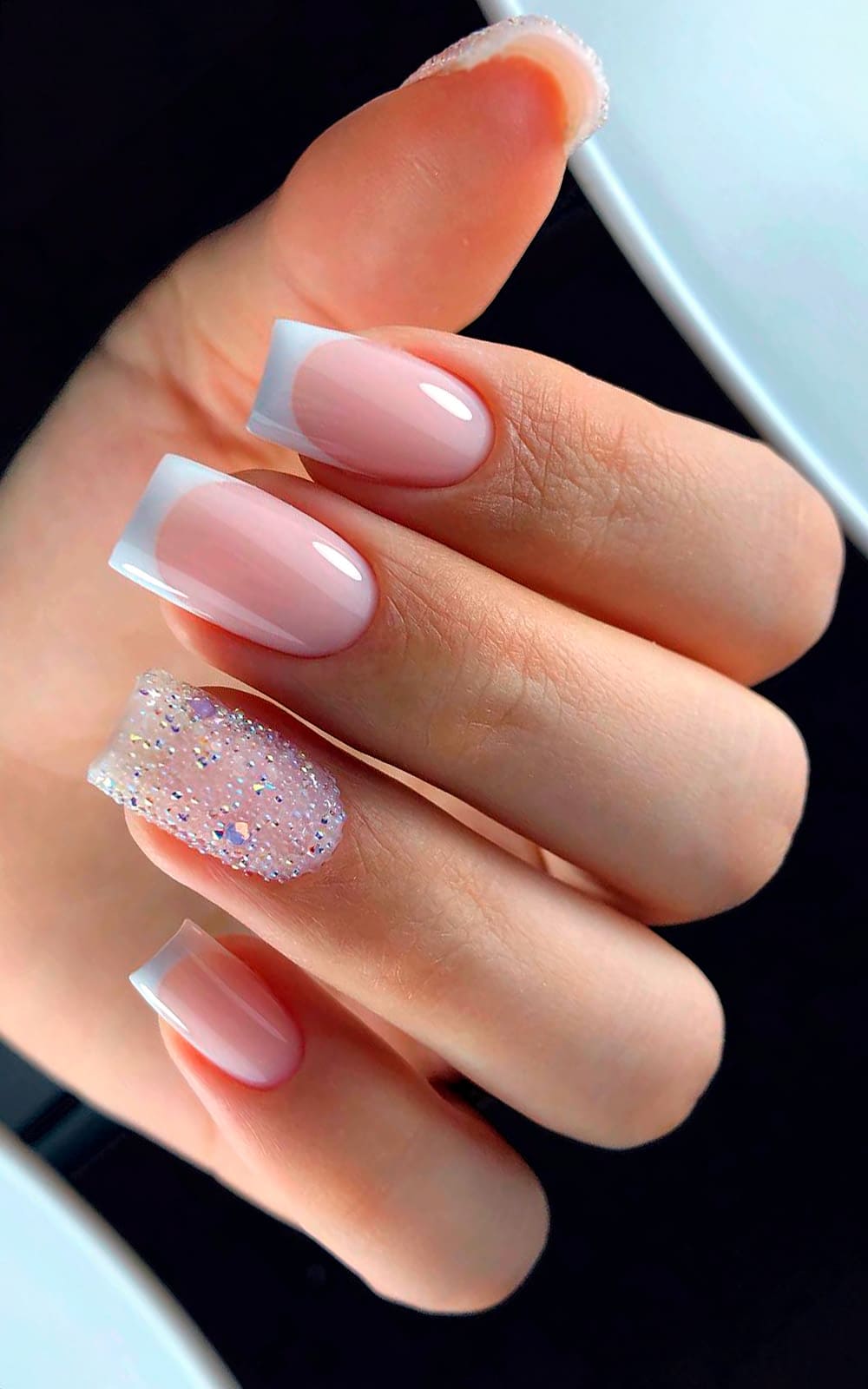 Short Square French Tip With Glitter Accent Nail Short Square French Tip With Glitter Accent Nail — Trendy Bride Nail