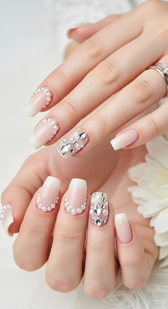 Medium Square French Manicure With Pearls And Rhinestones Medium Square French Manicure With Pearls And Rhinestones — Trendy Bride Nail