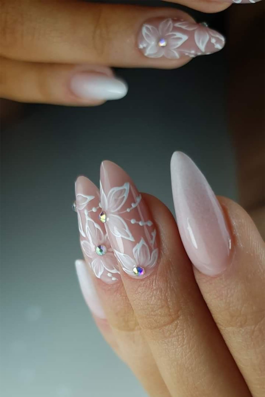 Long Almond Nails With 3D White Floral Art Long Almond Nails With 3D White Floral Art — Trendy Bride Nail