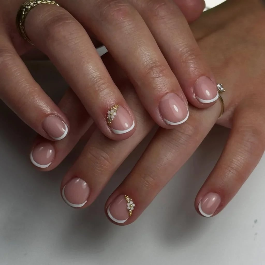 Short Square French Tip With Delicate Floral Accent, Glossy Short Square French Tip With Delicate Floral Accent, Glossy — Trendy Bride Nail
