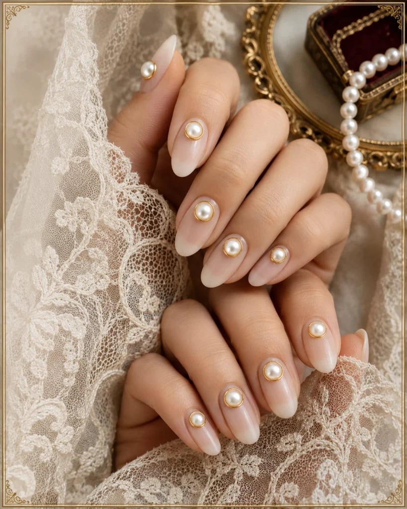 Minimalist Pearl Accent Sheer Nude Medium Almond Nails Minimalist Pearl Accent Sheer Nude Medium Almond Nails — Trendy Bride Nail