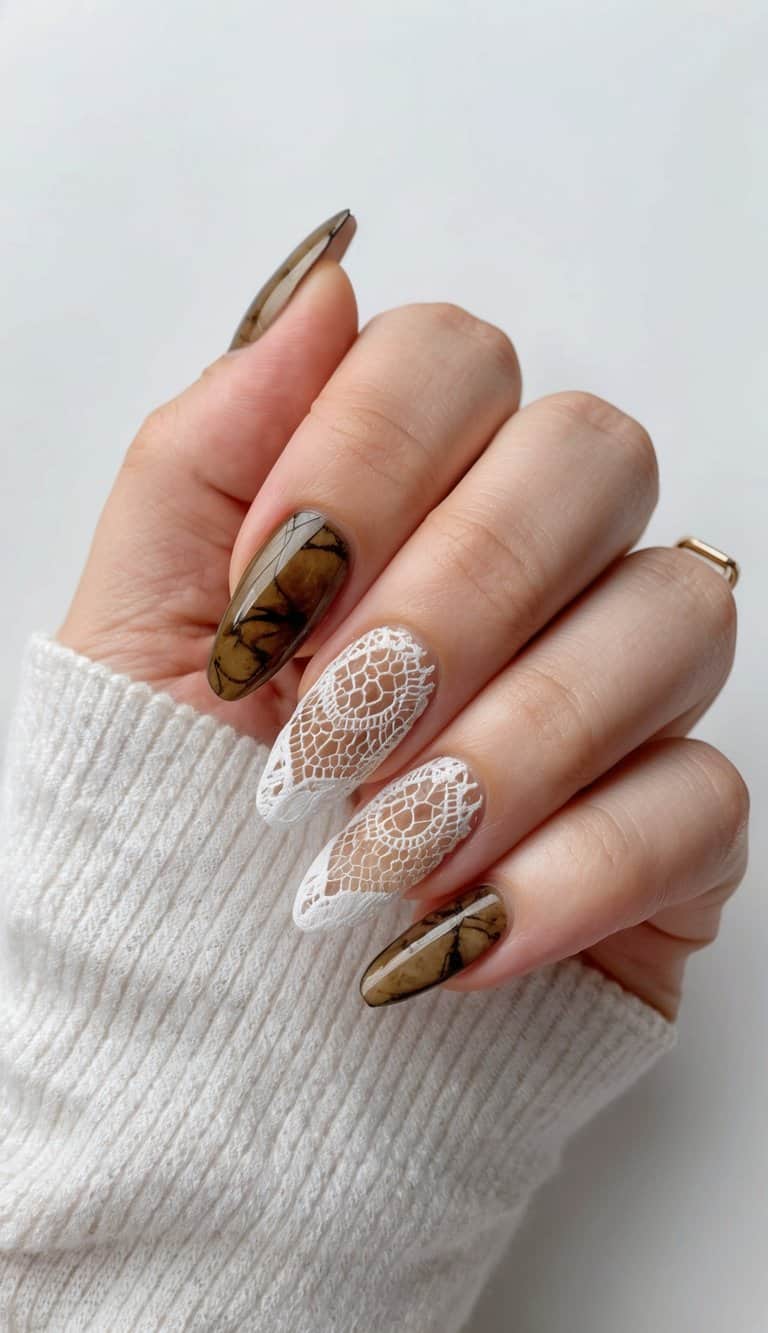 Medium Almond Nails With Lace Overlay And Marbling Medium Almond Nails With Lace Overlay And Marbling — Trendy Bride Nail