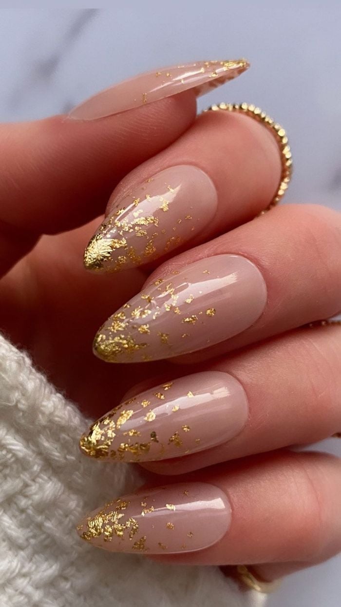 Long Almond Nails With Scattered Gold Foil Flakes Long Almond Nails With Scattered Gold Foil Flakes — Trendy Bride Nail
