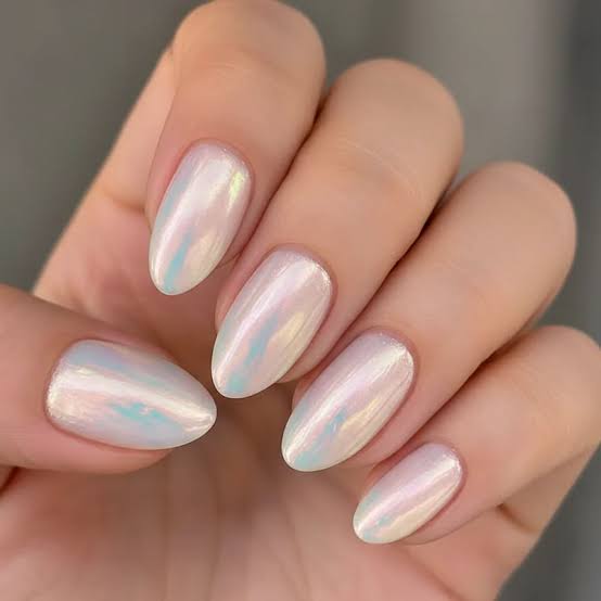 Iridescent Milky Medium Almond Nails Iridescent Milky Medium Almond Nails — Trendy Bride Nail