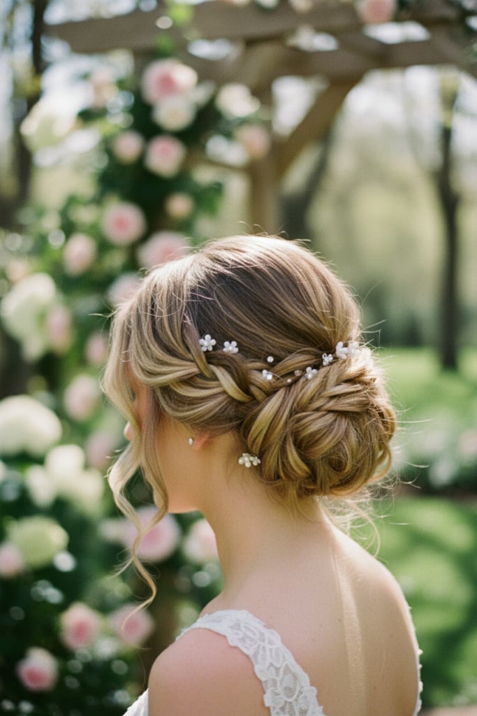 Honey Blonde Braided Low Bun With Pins Honey Blonde Braided Low Bun With Pins — Trendy Bridesmaid Hair Updo