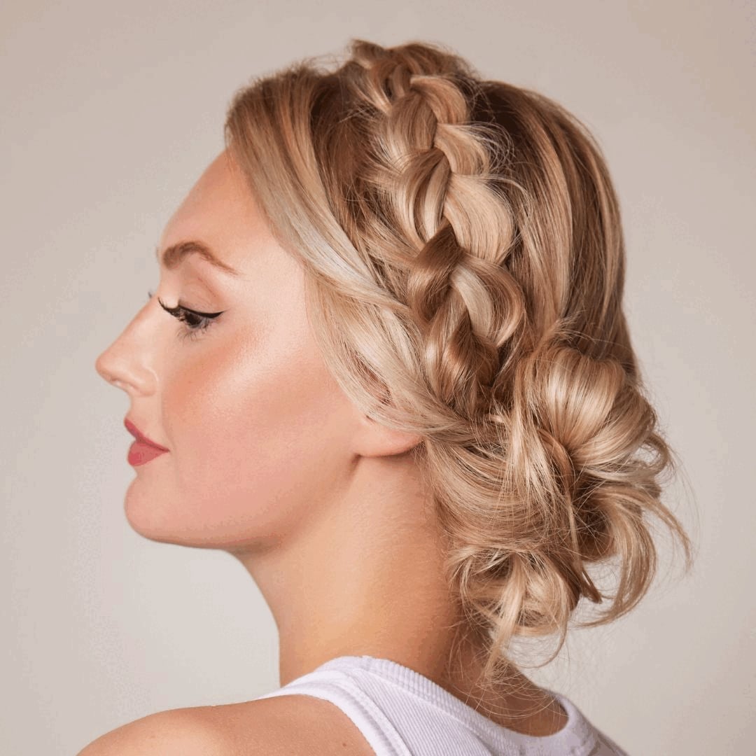 Blonde Braided Updo With Loose Waves Blonde Braided Updo With Loose Waves — Trendy Bridesmaid Hair Updo